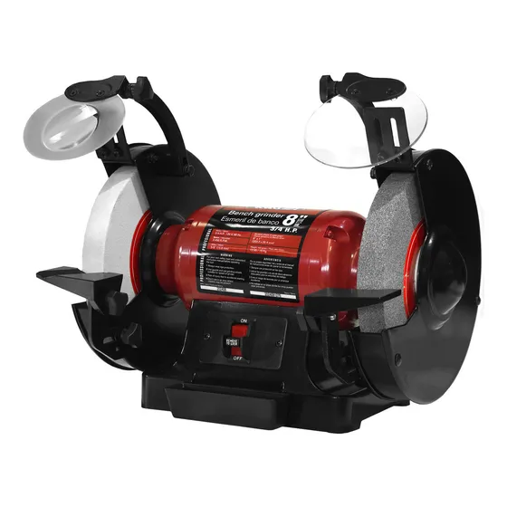 Esmeril de Banco 8 de 3/4 HP KNOVA KN-7070 Color Rojo 60Hz 3450 RPM Discos 8" x 1" Base de Aluminio , Bandeja Para Agua, Soportes Ajustables, Deflectores Chispas, Uso Profesional Para Taller