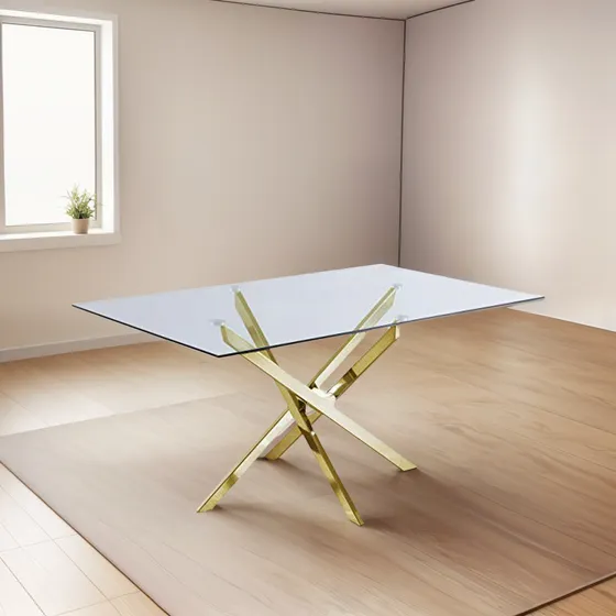 Mesa De Comedor De Vidrio Templado Y Base De Metal Duradera,