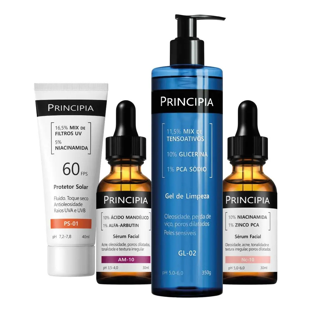 Kit de skincare Principia contendo um frasco de gel de limpeza GL-02, um tubo de protetor solar PS-01 e dois frascos de sérum facial AM-10 e NC-10 com conta-gotas.