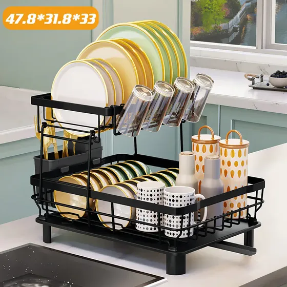 Orrailita Home Escurridor Para Platos 2 Niveles Con 360° Drenaje Dutomático Color Negro