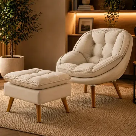 poltrona sênior mais Puff bege decorativo em madeira pés palito para sala de estar luxo completa