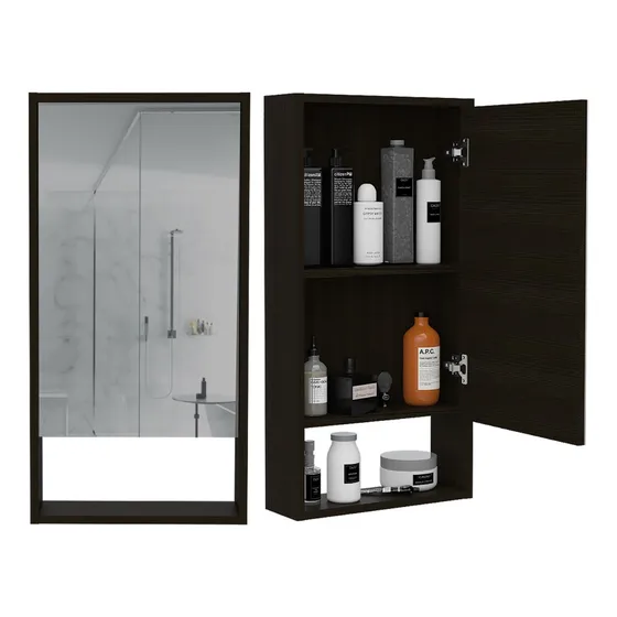 Gabinete De Baño Merín, Wengue, Con Espejo Y Entrepaños X2 Mueble Negro