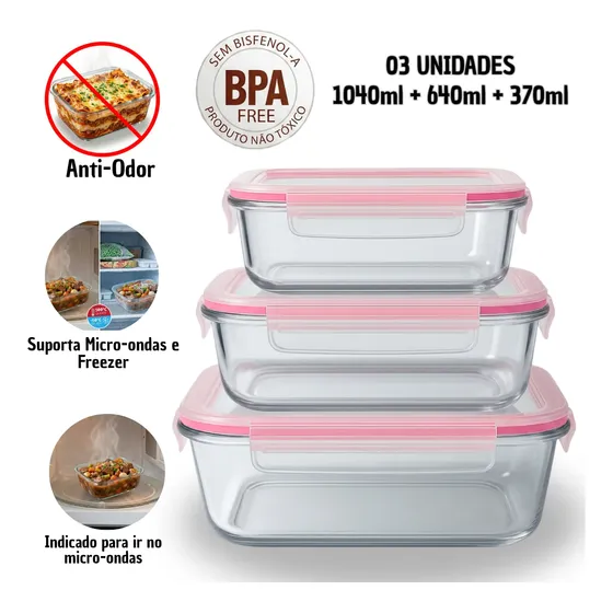 Kit 3 Potes Vidro Hermético Tampa Marmita Freezer Herméticos