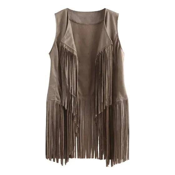 Chaqueta Tipo Chaleco De Gamuza Con Flecos, Para Mujer, De L