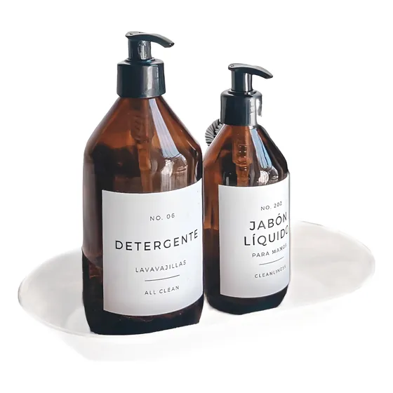 Set Dispensers Vidrio Ambar Detergente 500 Cc + Jabon 250cc