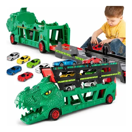 Lançador Carrinho Caminhão Dino Truck Carretinha Carreta Cegonha Leva Carros Dinossauro Com 6 Carrinhos Com Pista Infantil Kizumba