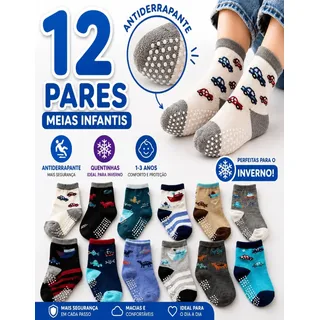 Kit 12 Pares Meias Bebê Infantil Antiderrapante Confortavel Menino Sortidos Sortidos 12 A 24 Meses