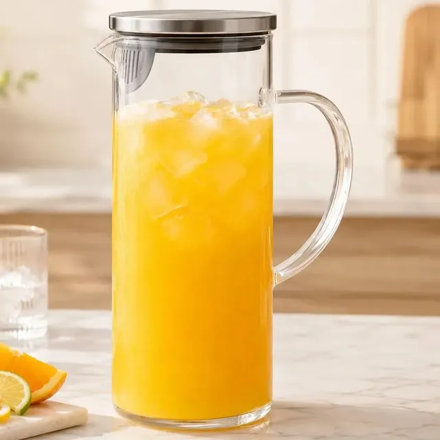 Jarra De Vidro Borossilicato Com Tampa Inox 1,5L Hermético Para Sucos Chás Refrigerante Água