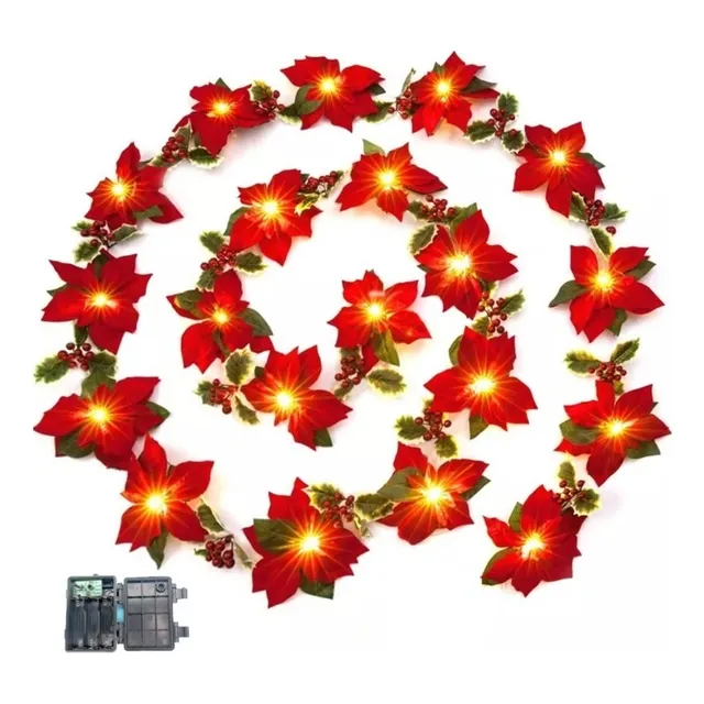 Guirnalda Luces Nochebuena Con Flores Navideñas
