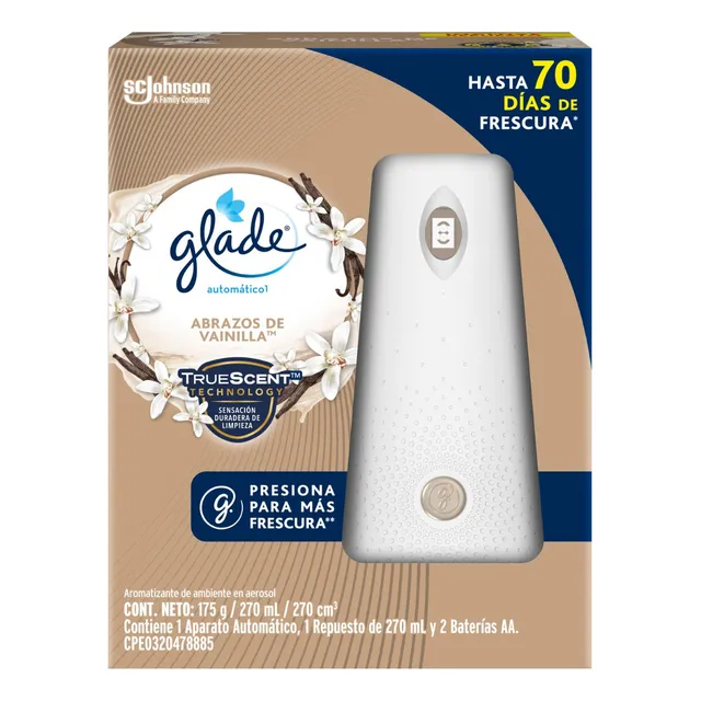 Aromatizante Automático Glade, con TrueScent Technology, Hasta 70 días de Frescura Continúa, Aroma Abrazos de Vainilla, Incluye 1 Aparato y 1 Repuesto de 270 ml