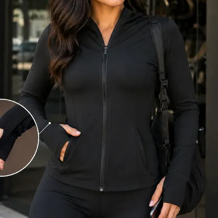 Jaqueta Dry Fitness Feminina Roupa Academia Bolso Capuz Leve Preto Gg