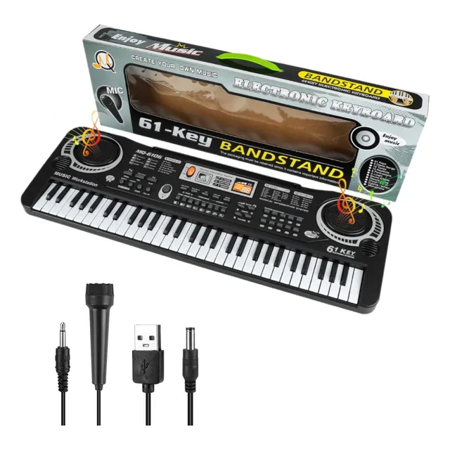Piano Electrónico Con Micrófono 61 Teclas 10 Ritmos P/ Niños