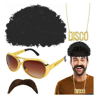 Peluca Afro Para Hombre 50/60/70s Peluca Bigote Collar Gafas Peluca Afro Para Hombre 50/60/70s Peluca Bigote Collar Gafas