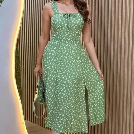 Vestido Feminino Midi Florido Acinturado Camponesa Leve