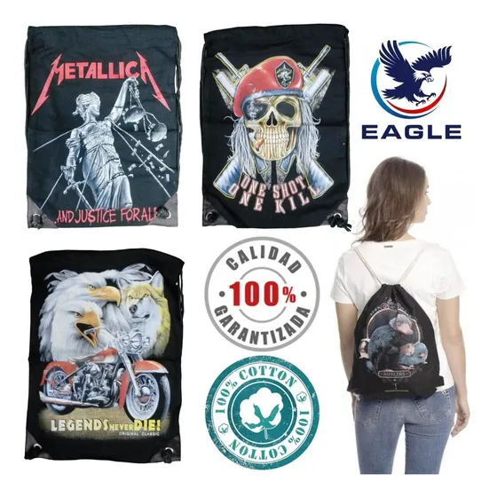 Bolso Mochila Tipo Saco Rockero 100% Algodón 38x50cm