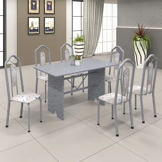 Conjunto De Mesa 140x75cm Tampo Granito Com 6 Cadeiras