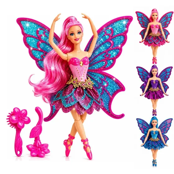 Boneca Bailarina Fada Princesa Articulada Ballet Com Asas Brilhantes Grande 30cm Colorida com Acesso
