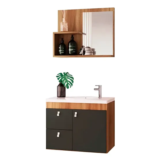 Arte cas mueble para baño luna color nogal\u002Fgrafito con bacha en marmolina y espejo premium 15mm | Cuotas sin interés