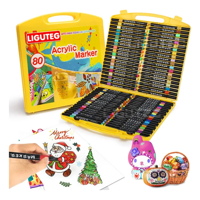 80 Colores Marcadores Ligutec Acrílico Plumones Punta de Pincel Papeleria Madera Vidrio Tela Zapatos Funda Teléfono Móvil Huevo Pintura No Toxico para Niños Adultos