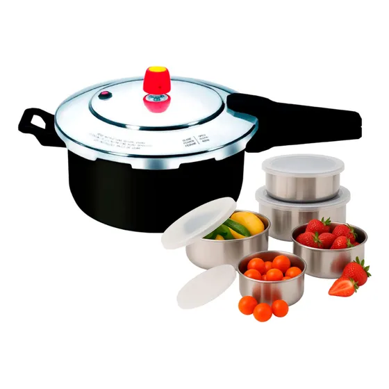 Panela De Pressão Eirilar Preta 7,5 Litros E 5 Potes Inox