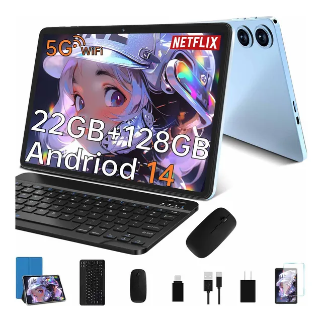 2025 Tablet Android 14 10.1'' 22gb Ram Y 128gb Rom/tf1tb Economicas 2.4g 5g Wifi 8000mah Octa-core 2.0 Ghz Widevine L1 Fhd Bt5.0 Certificación Google Gms Camara Dual Face Id Con Funda Mouse Teclado