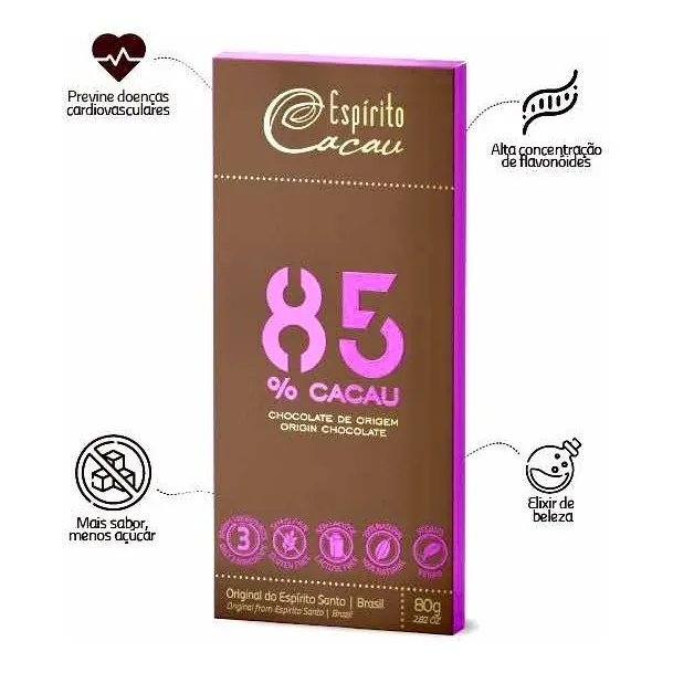 Chocolate 85% Cacau Espírito Cacau 80g Vegano Orgânico