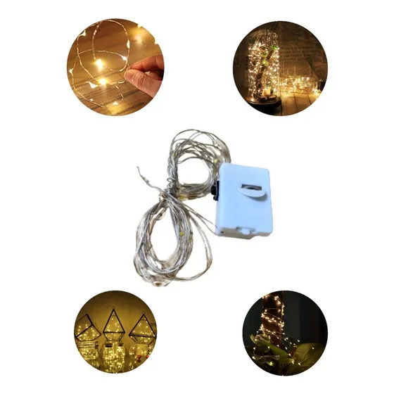 10x Fios De Led Luz De Fada 2m 20 Leds Decoração Festa Luzes Amarelo Bateria