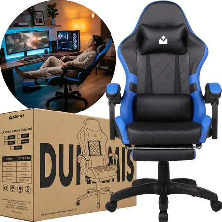 Cadeira De Escritorio Gamer Ergonômica Dunamis Azul Marqs Home Reclinável 180kg Resistente Giratória Confortavel Computador