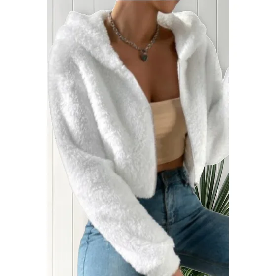 Poleron Teddy Corto Con Capucha Blanco