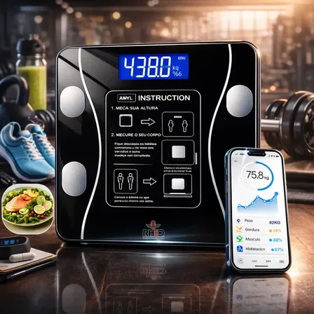 Balança Digital Bioimpedância Bluetooth Corporal Aparelho Alta Capacidade App Para Android E Para Ios Cor Preto Balança De Banheiro Academia - Rhead Red High End Studios 3v