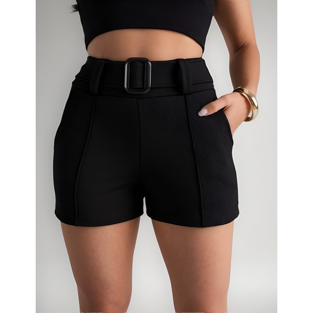 Shorts Feminino Cinto Crepe Bermuda Curto Elastano Bolso Top