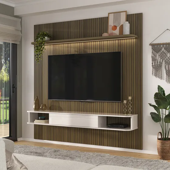Panel Rack Tv Belluno Listones Led Embutido Living Moderno Color Pino/Blanco