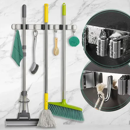 Suporte Inox Pendurar Vassoura Pá Rodo Mop Organizador 7 Acessórios Parede Porta Organização Guardar Área De Serviço Cozinha Garagem Aço Inoxidável Armazenar Interno Externo Hiper Casa Megastore