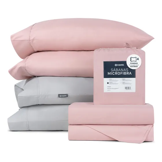 Juego de Sábanas Matrimonial de Microfibra Esquimal. Incluye 6 Piezas: Sábana Cajón y Plana + 4 Fundas De Almohada, Color Rosa y Gris