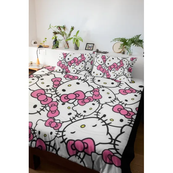 Lençol Tipo Colcha Queen 3 Pçs Hello Kitty Presente Criança