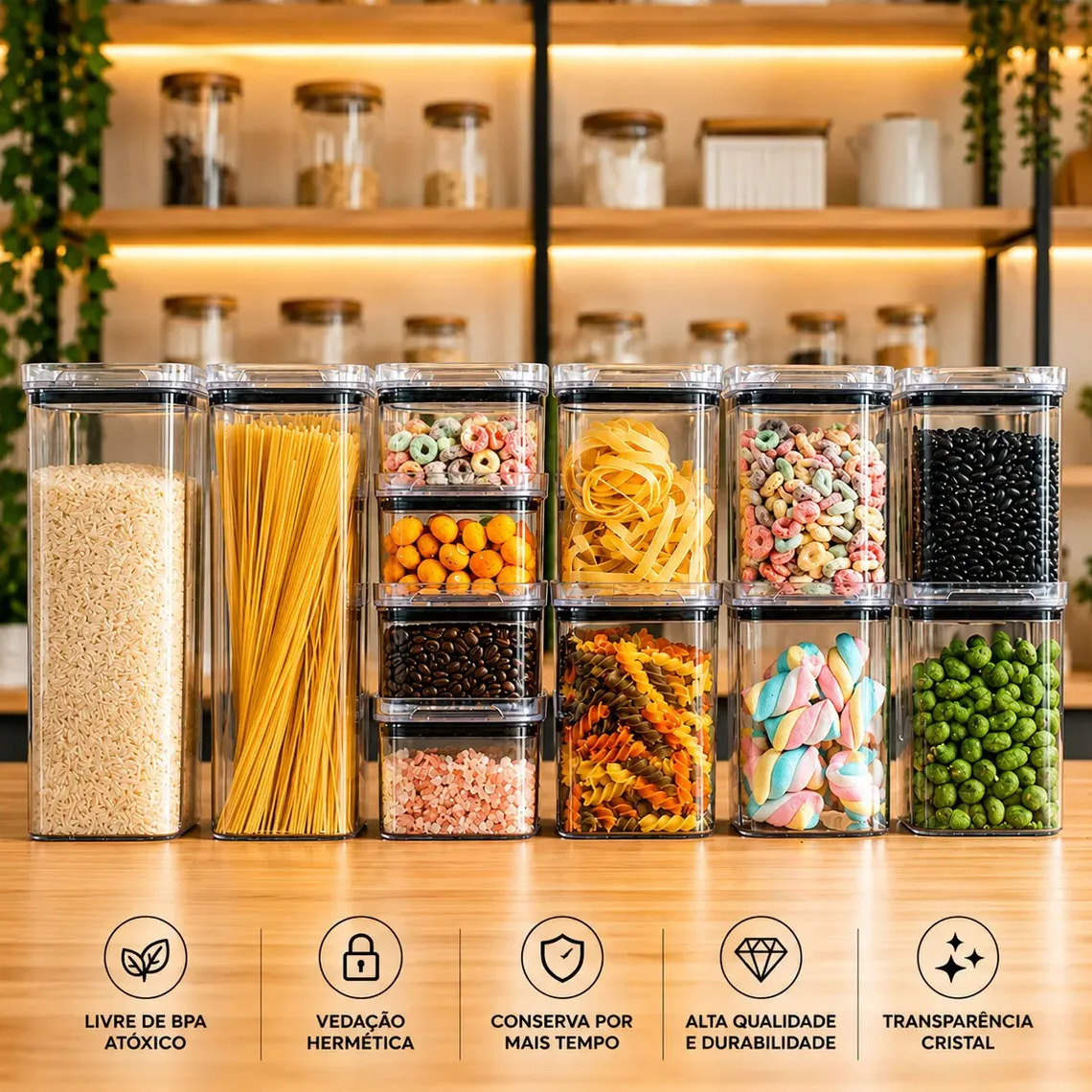 Kit Potes Porta Mantimento Hermético Quadrado Cozinha 12 Uni Kit Potes Porta Mantimento Hermético Quadrado Cozinha 12 Uni