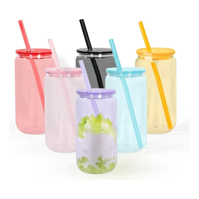 Set De 6 Vasos Acrílicos 500ml Tipo Mason Jar Con Tapa Y Popote Reutilizables Resistentes Para Fiesta Hogar Picnic Agua Jugo Bebidas Frías Coloridos