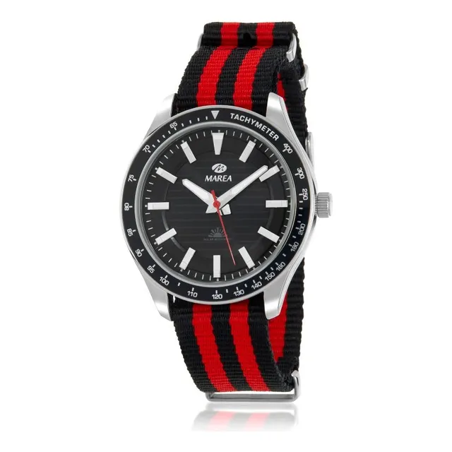 Reloj Solar Análogo Marea Watch B41367 Correa Rojo Bisel Plateado Fondo Negro