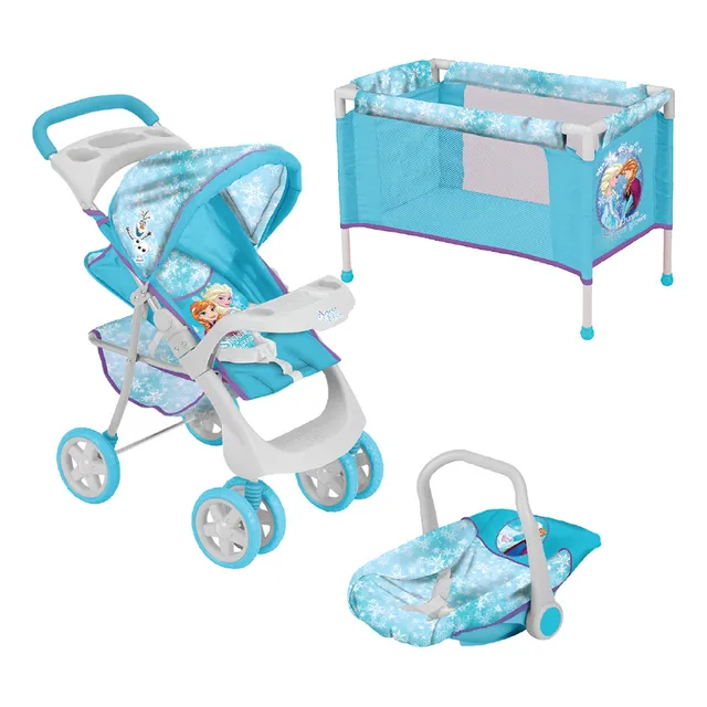 Coche Travel De Juguete Para Muñeca + Cuna Frozen Disney Color Celeste
