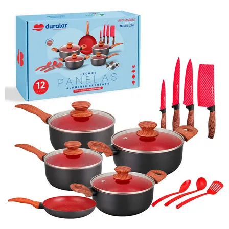 Jogo De Panelas Cerâmica Antiaderente Indução 12 Pç Duralar Vermelho