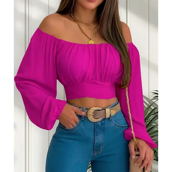 Top Corto Informal Con Hombros Descubiertos For Mujer