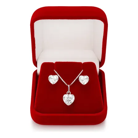 Colar Prata 925 Legítima + Brincos Feminino Coração Zircônia Prateado