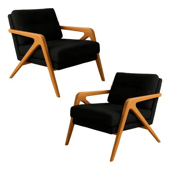 Kit 2 Poltronas Decorativa Mona Linho Desenho Pé Madeira