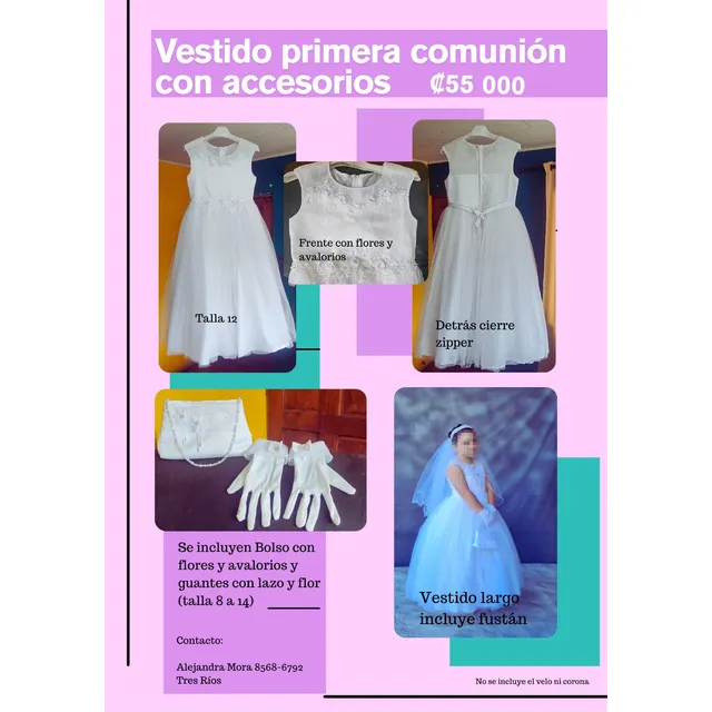 Vestido Primera Comunión Largo, Talla 12, Usado,