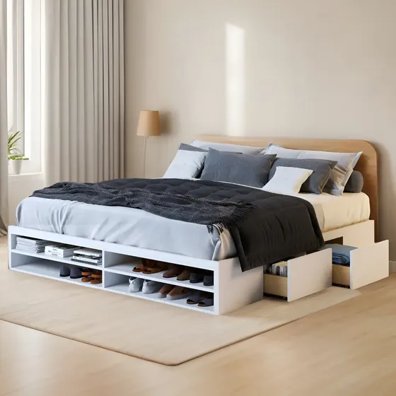 Base Sommier Box De Cama 4 Cajones + Zapatero Roma 2 Plazas Color Blanco 1.40 x 1.90 m