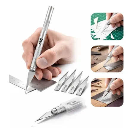 Estilete De Precisão Caneta Bisturi Para Artesanato 5mm Aço Com 5 Lâminas Ftg