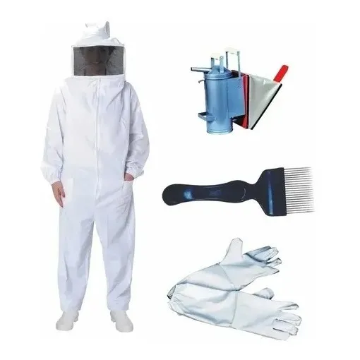 Kit Apicultor Macacão De Brim G + Luva + Fumigador + Garfo