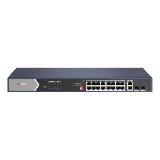 Switch POE Hikvision DS-3E052 Switch PoE+ / No Administrable / 16 Puertos 100 Mbps PoE+ (4 Puertos PoE++ 90 W) / 2 Puertos 1000 Mbps Uplink + 2 Puertos SFP de Uplink / PoE hasta 250 Metros / 225 Watts
