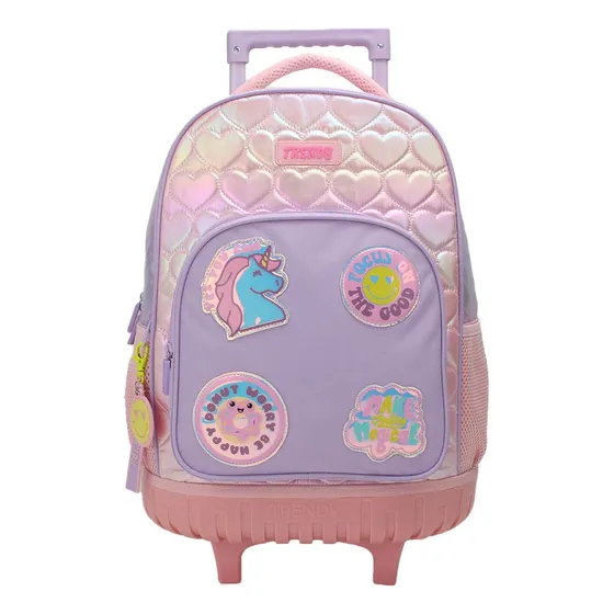 Mochila Carro Trendy Corazones 18 PuLG Escolar Niña Infantil Color Rosa Y Lila