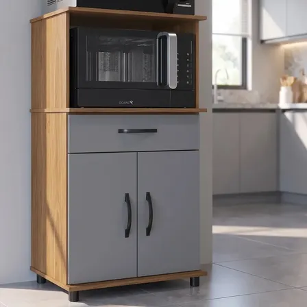 Balcão Armário De Cozinha Laura Freijó E Cinza Duplo Para Forno E Micro-ondas 2 Portas 1 Gaveta Compacto Organizador Multiuso Prateleira Aberta MDF IRM 82x121x42cm